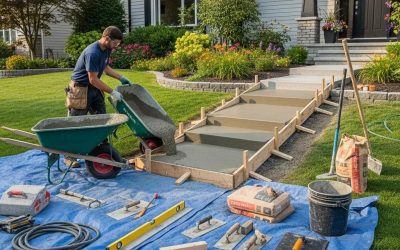 Contractor pouring concrete for step installation in a residential setting, showcasing tools and materials for quality concrete work.