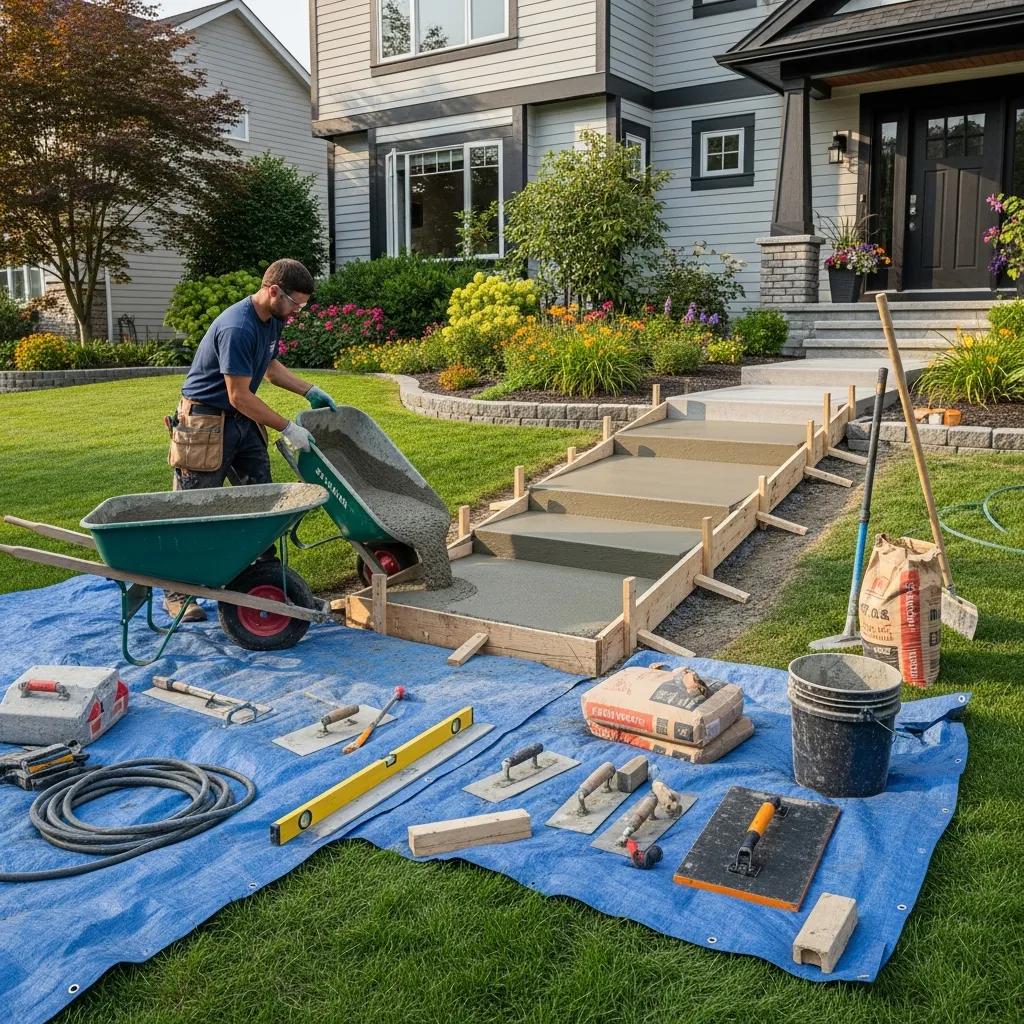 Contractor pouring concrete for step installation in residential yard, tools and materials arranged on blue tarp, showcasing professional concrete work in New Berlin, WI.
