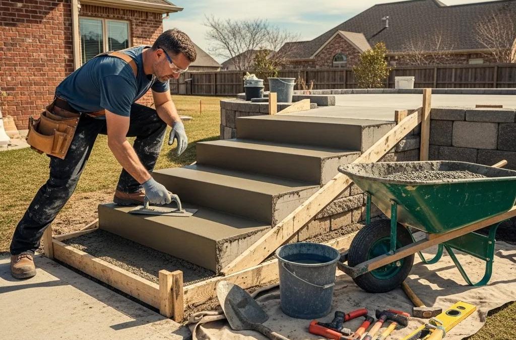 Professional contractor installing concrete steps at a residential property