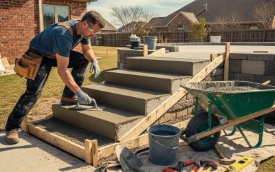 Professional contractor installing concrete steps at a residential property in Waukesha, WI, showcasing durable construction and meticulous craftsmanship.