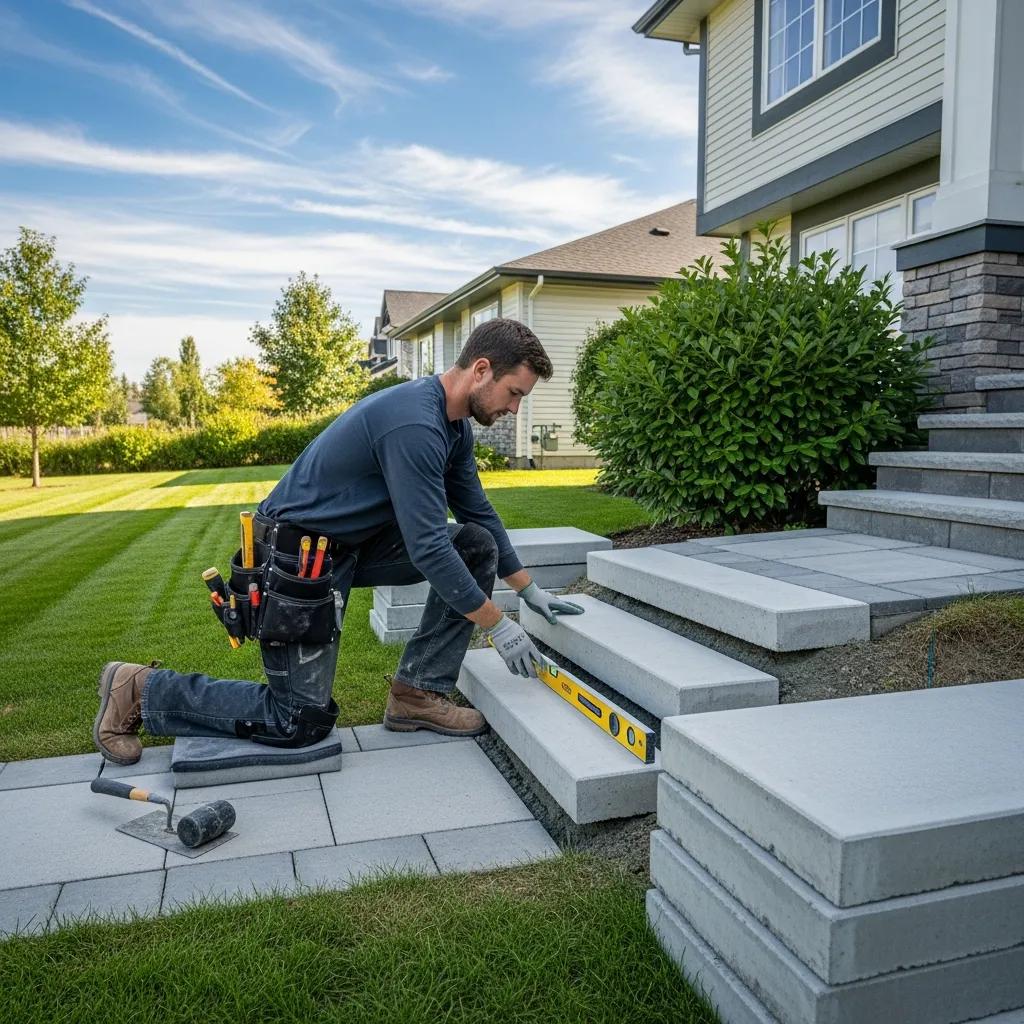 Professional contractor installing concrete steps at a residential property in Cudahy, WI, emphasizing quality craftsmanship and precision with a level tool.