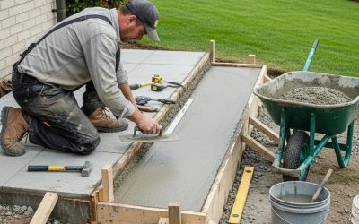Professional contractor installing concrete steps at a residential property in South Milwaukee, using tools for precise leveling and shaping, with a wheelbarrow and materials nearby.
