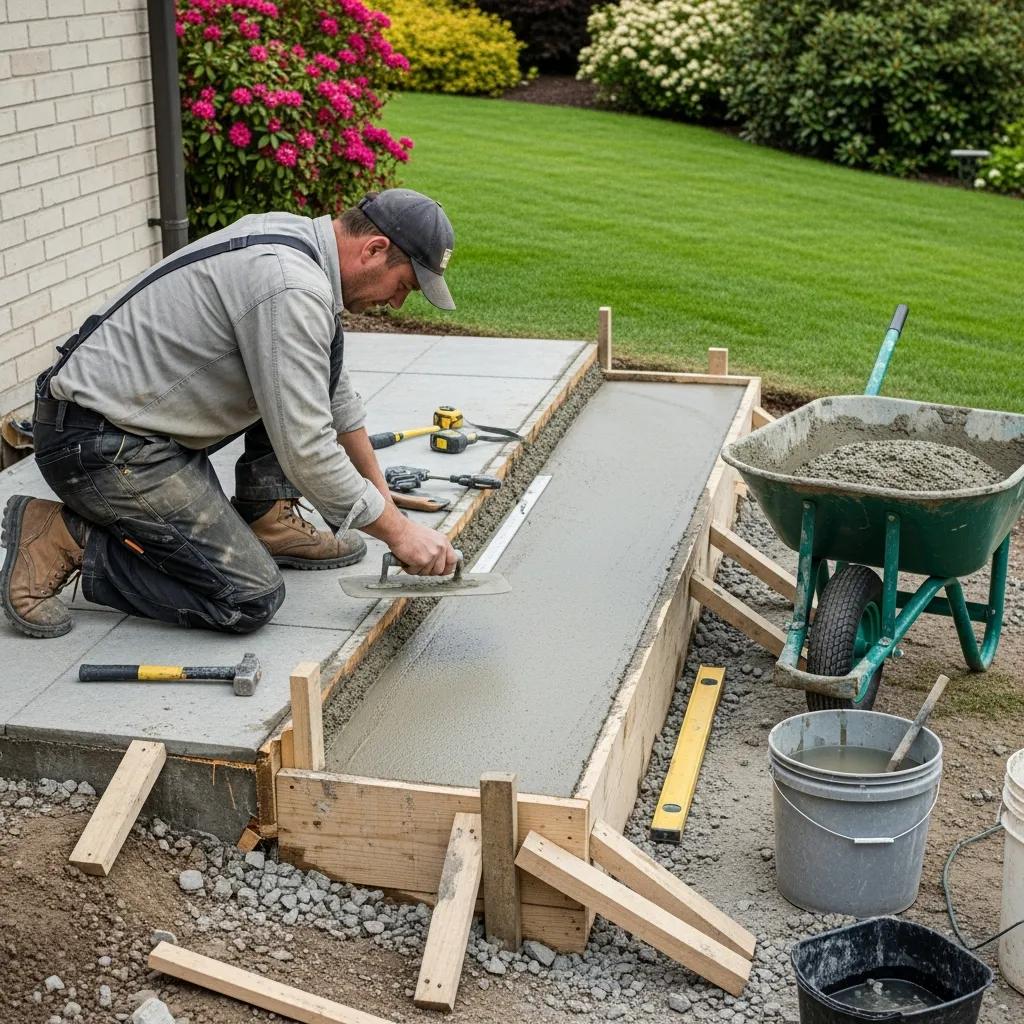 Professional contractor installing concrete steps with tools at a residential property in South Milwaukee, surrounded by green lawn and flowering shrubs.