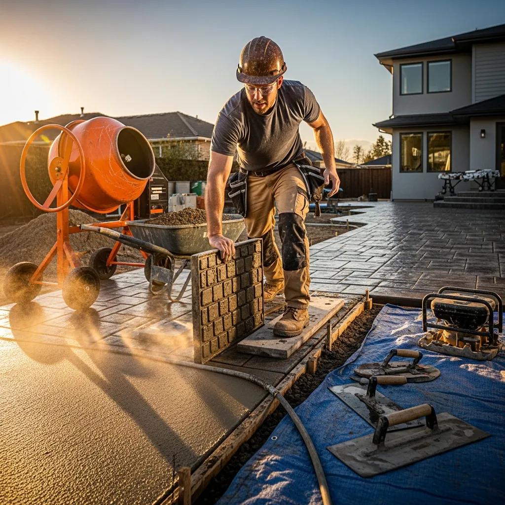 Professional contractor installing stamped concrete in a residential setting