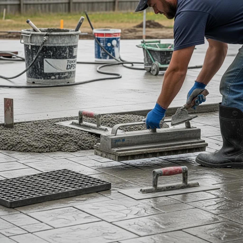 Professional contractor installing stamped concrete showcasing the installation process