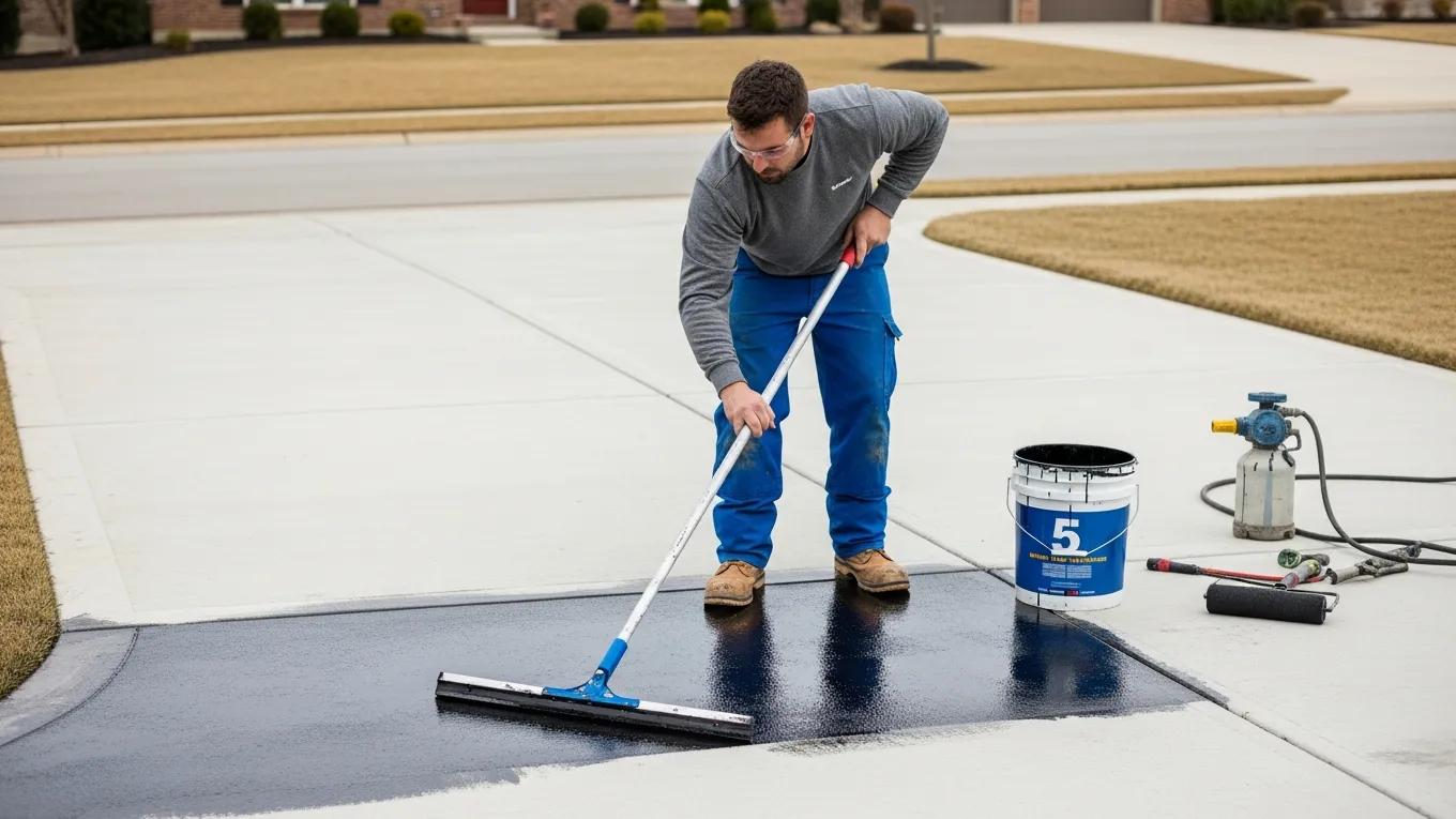 Professional contractor sealing a concrete driveway, demonstrating quality workmanship
