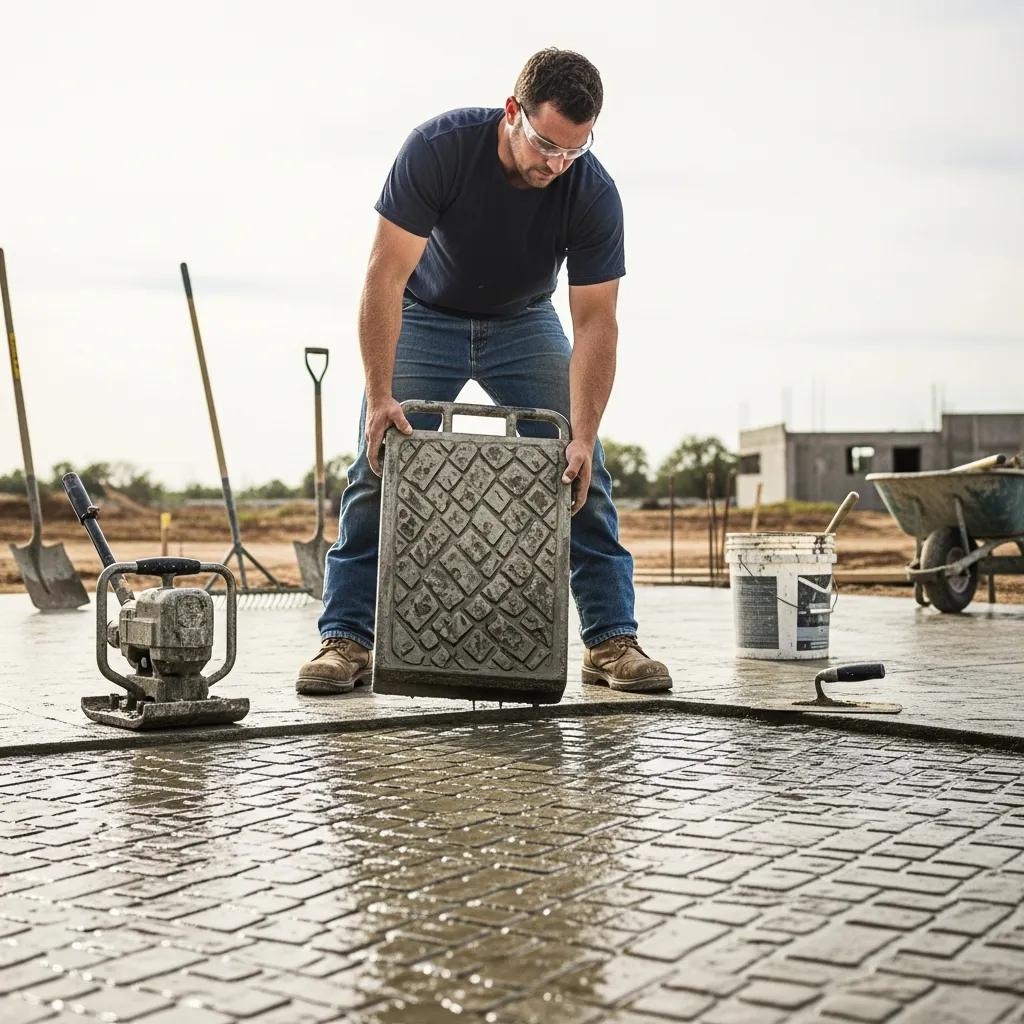 Professional contractor stamping freshly poured concrete with a textured mat, showcasing the installation process in a construction site setting.
