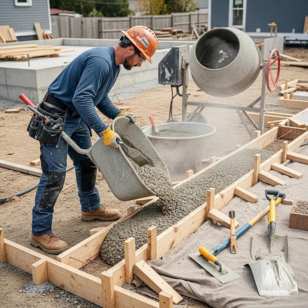 Professional contractor pouring concrete into forms for step installation, demonstrating proper mixing and pouring techniques in a construction site setting.