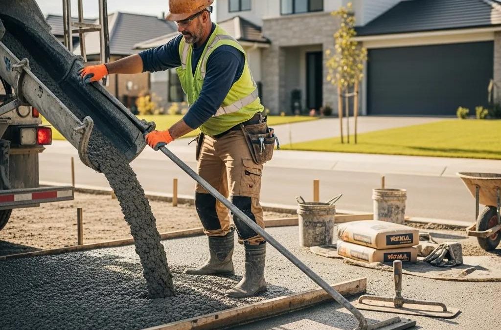 Worker pouring concrete for residential driveway installation, wearing safety gear, with tools and materials visible in a suburban setting.
