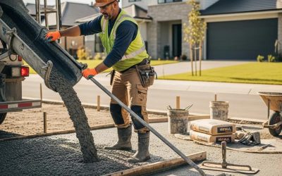 Residential cement contractor pouring concrete for driveway installation, wearing safety gear and using a screed, with tools and materials visible on site.
