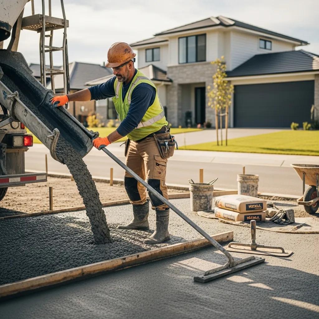 Residential cement contractor pouring concrete for driveway installation, showcasing skilled workmanship in a suburban setting.