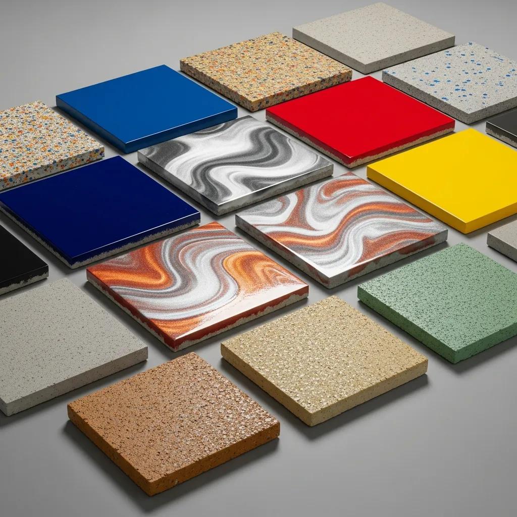 Samples of colorful concrete floor coatings showcasing durability and aesthetic options for garage floors, including glossy finishes and textured surfaces.