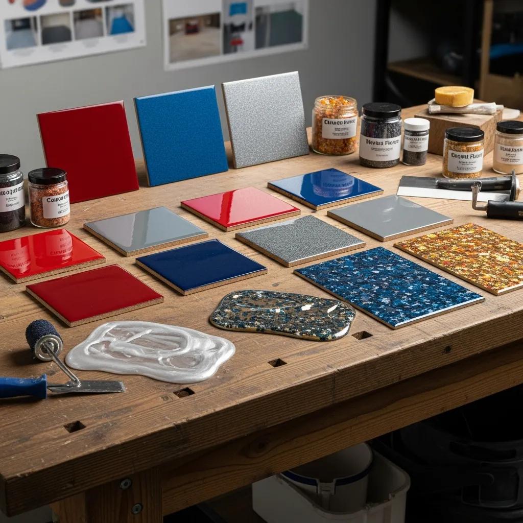 Samples of various concrete garage floor coatings, including epoxy and polyurethane options, displayed on a wooden table, showcasing colors and textures for durability and aesthetic enhancement.