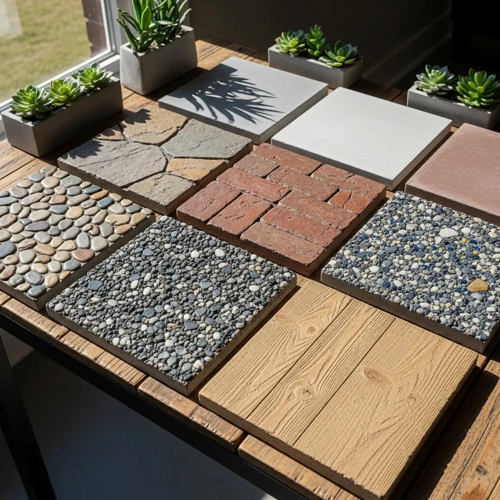 Samples of durable concrete materials and finishes for walkways, including textured stones, brick patterns, and smooth surfaces, arranged with potted succulents on a wooden table.