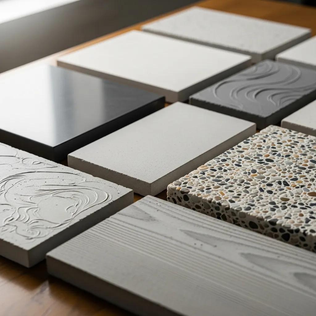 Samples of polished, matte, and decorative concrete countertop finishes showcasing design versatility for residential and commercial spaces.