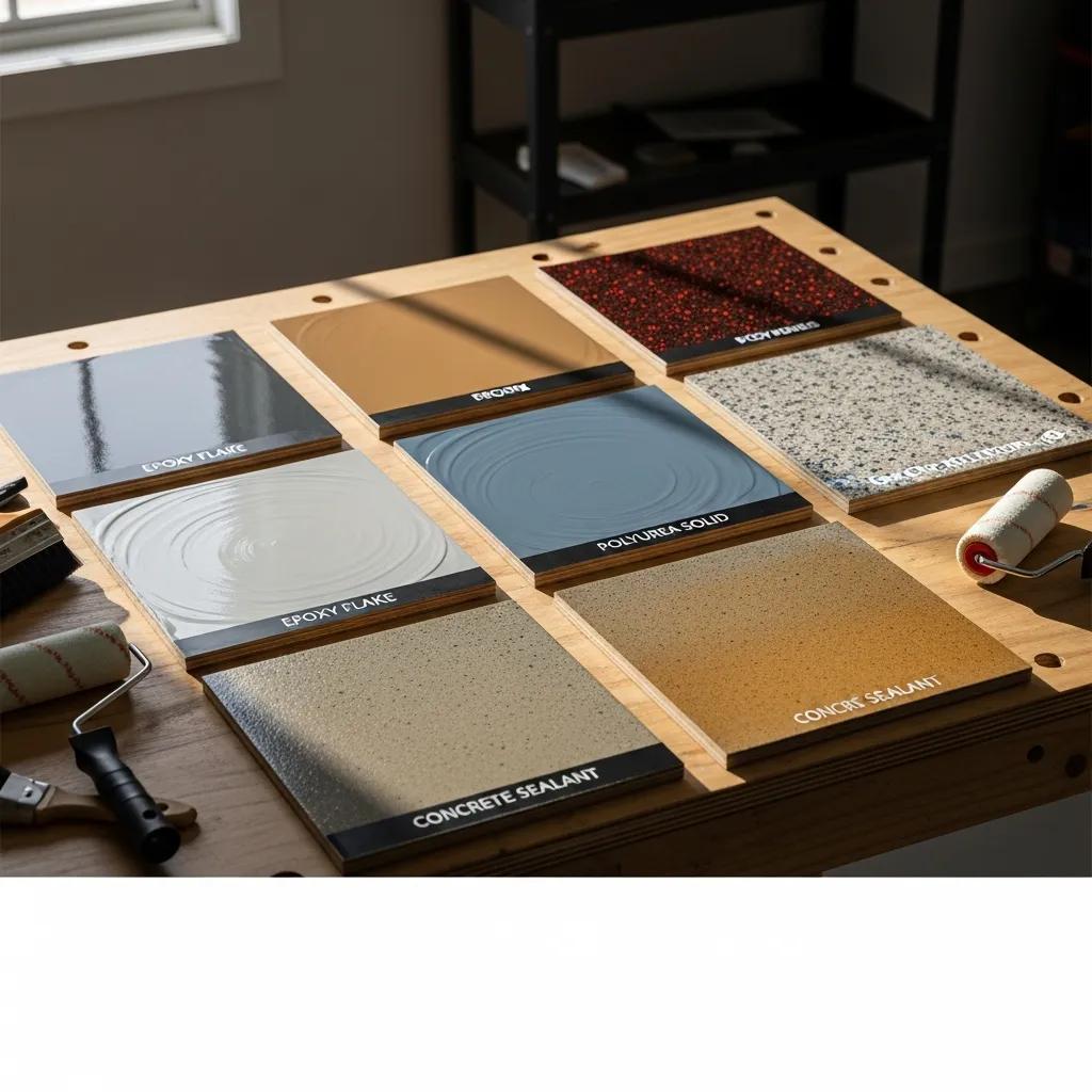 Samples of various garage floor coatings including epoxy flake, polyurea solid, and concrete sealant, showcasing texture and color options for durable flooring solutions.