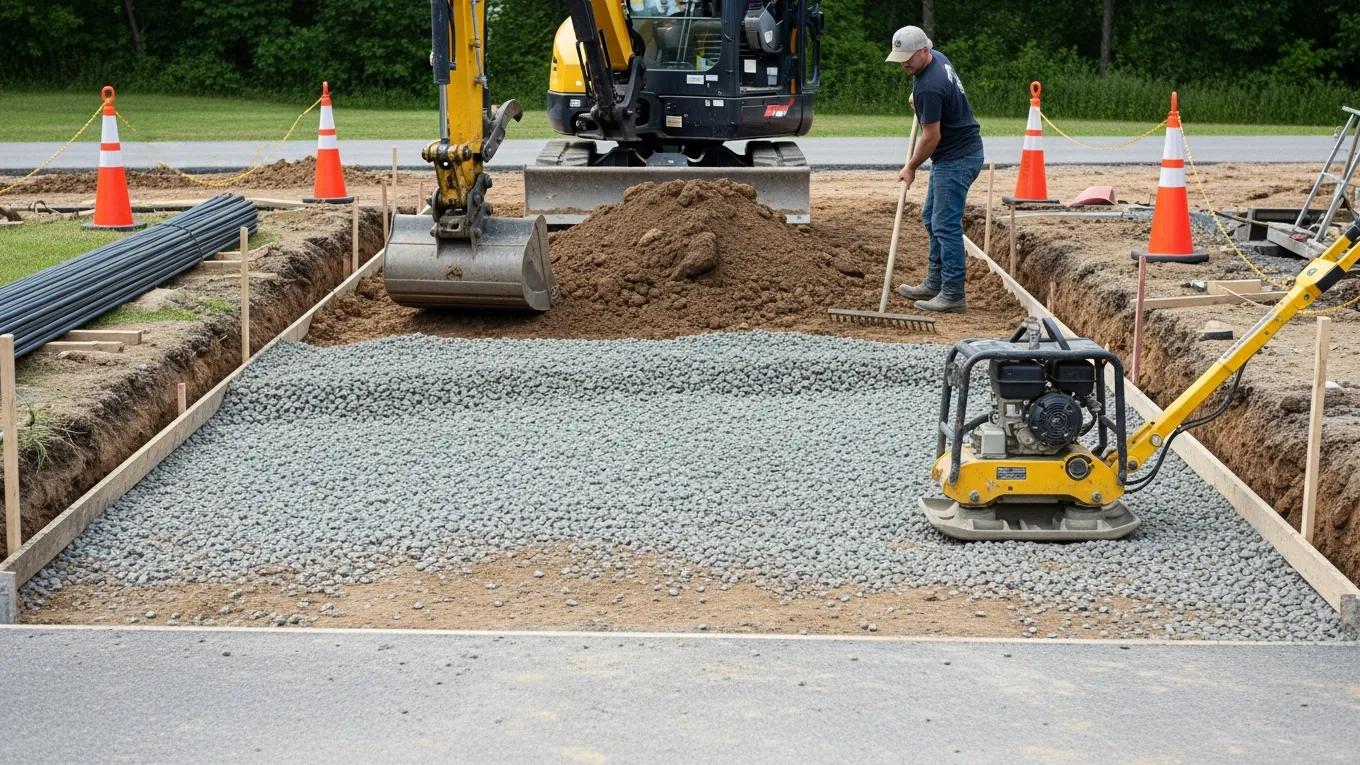 Site preparation for concrete driveway with excavation equipment