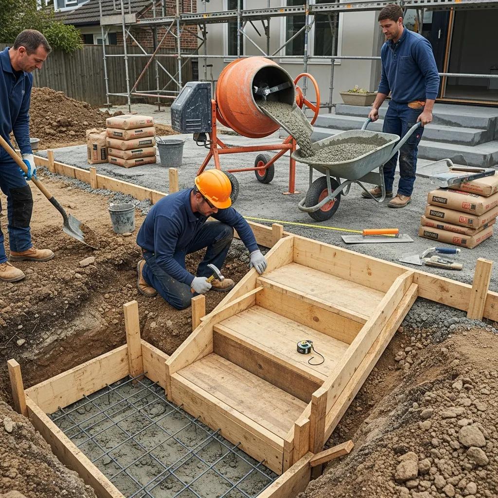 Skilled contractors performing the concrete step installation process