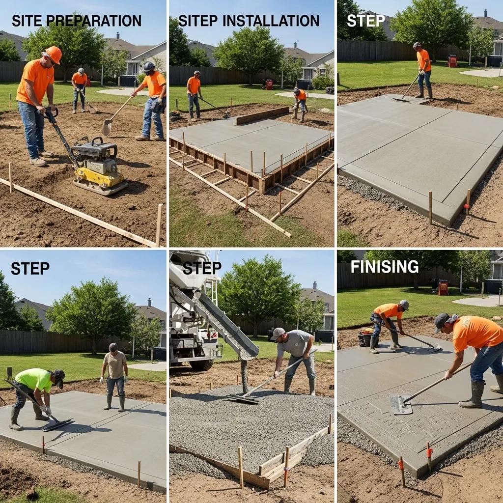 Step-by-step concrete patio installation process with workers in action