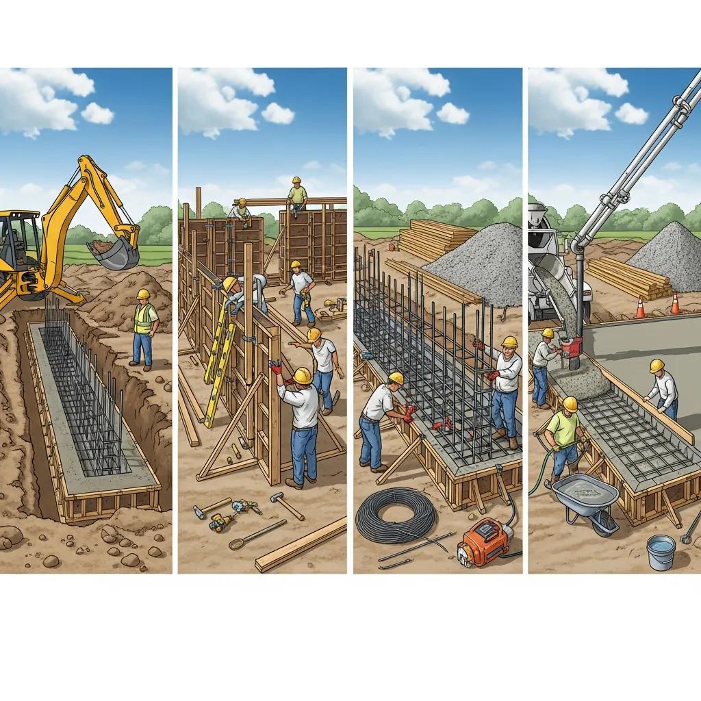 Step-by-step construction process of poured foundation walls