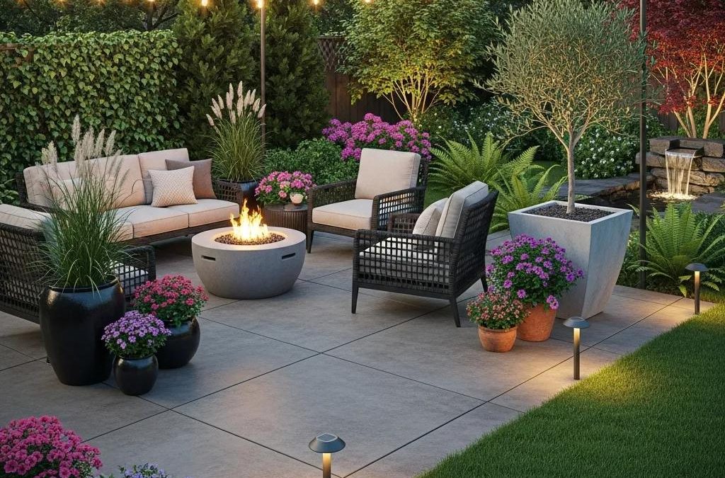 Stylish concrete patio with decorative elements enhancing outdoor living space