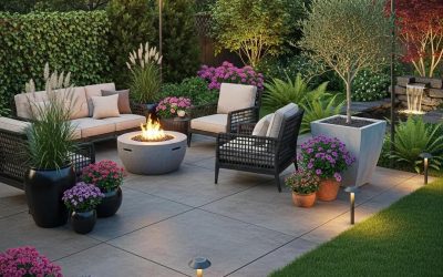 Stylish concrete patio featuring a cozy seating area with a fire pit, surrounded by vibrant plants and flowers, enhancing outdoor living space for home transformation.