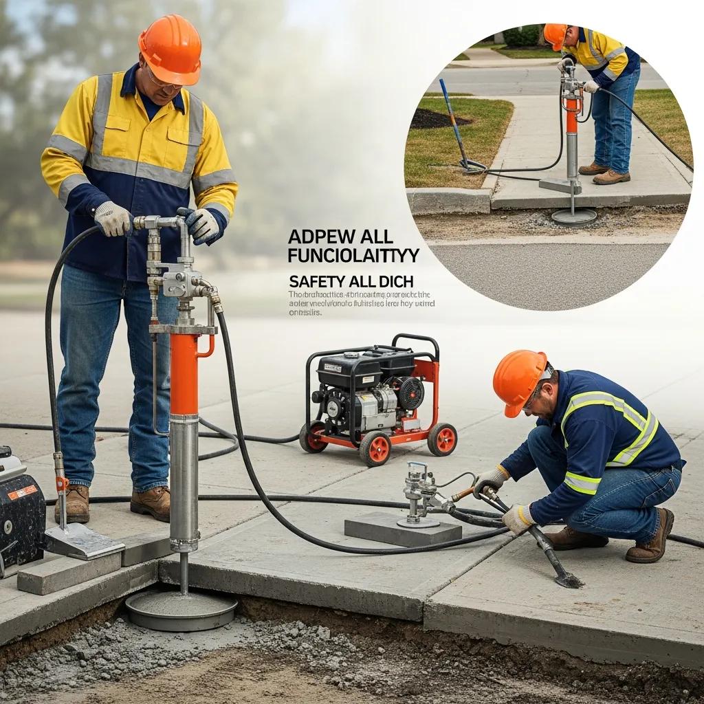 Technician performing mudjacking on uneven sidewalk, using specialized equipment to inject material for leveling, ensuring safety and functionality of concrete surfaces.