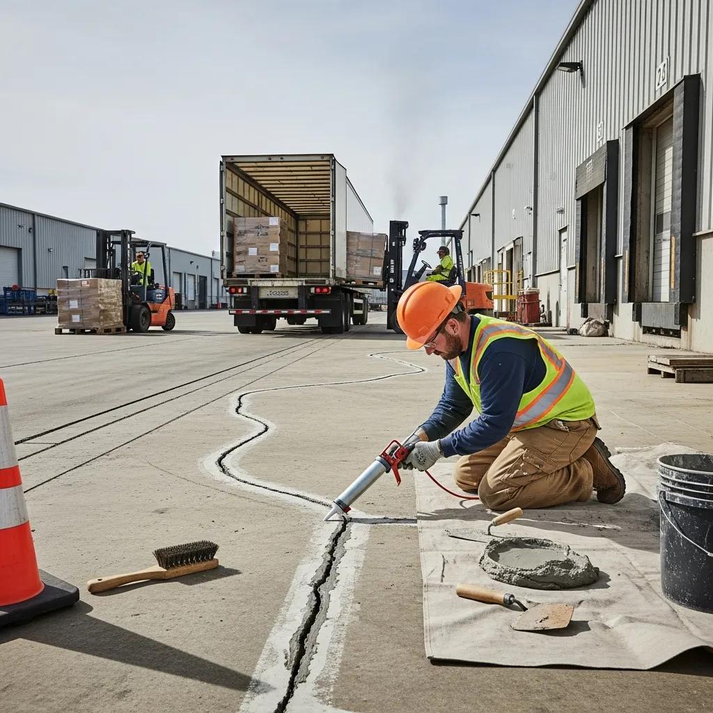 Technician repairing a concrete loading dock with sealant, emphasizing maintenance best practices and safety compliance, with forklifts and a delivery truck in the background.