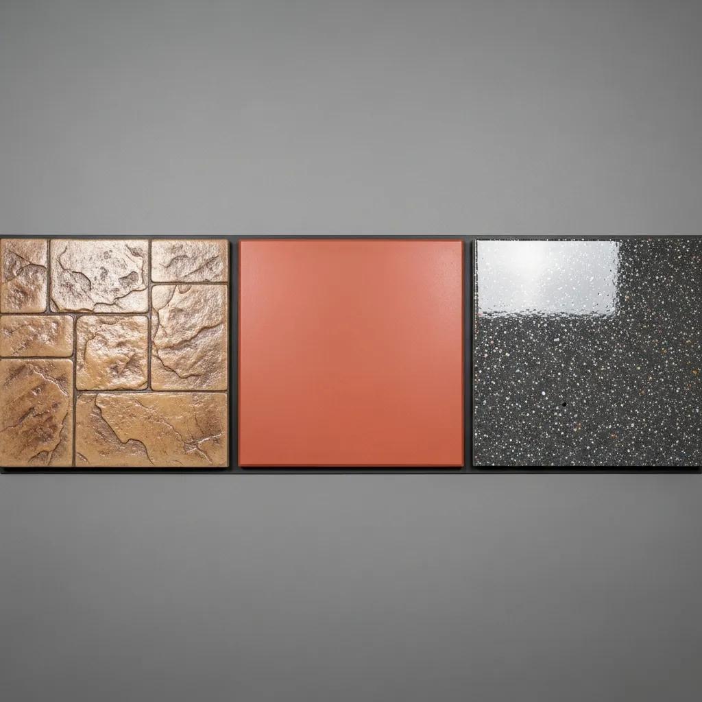 Variety of concrete patio designs showcasing stamped, colored, and polished finishes