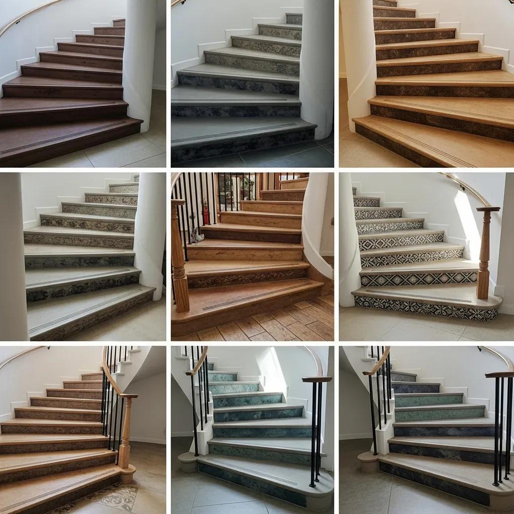 Variety of custom concrete stair designs showcasing decorative and stamped finishes, featuring different colors and textures to enhance aesthetics and functionality for residential and commercial properties.