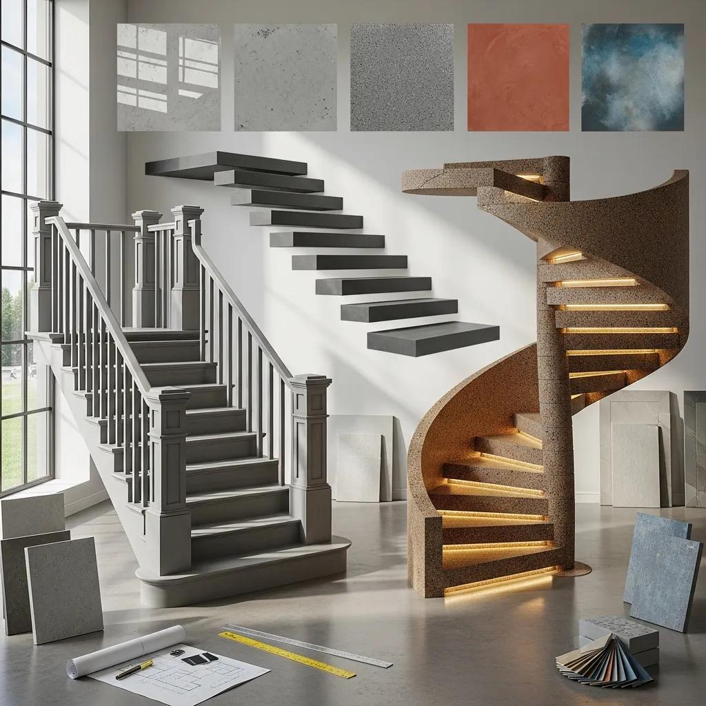 Variety of custom concrete stair designs showcasing different styles and finishes