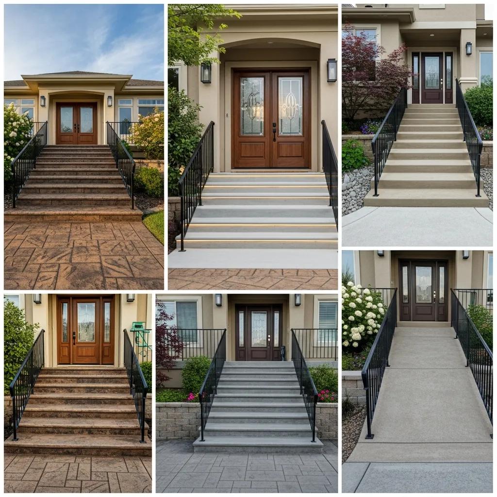 Variety of custom concrete stairs and decorative entryway steps showcasing unique designs, including stamped concrete, ADA-compliant options, and various finishes for enhanced aesthetic appeal and functionality.