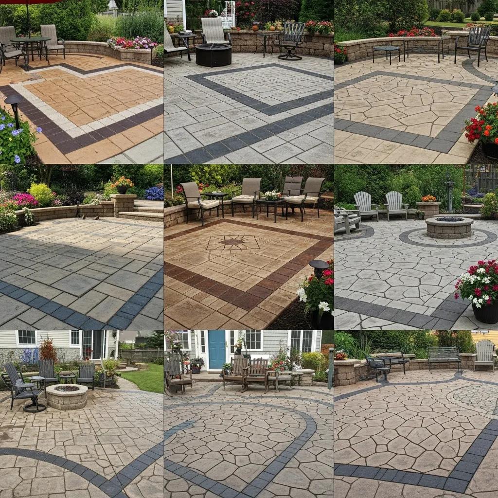 Variety of decorative concrete patio designs featuring stamped patterns and textures, showcasing distinct layouts and color combinations in an outdoor setting with surrounding greenery and seating areas.