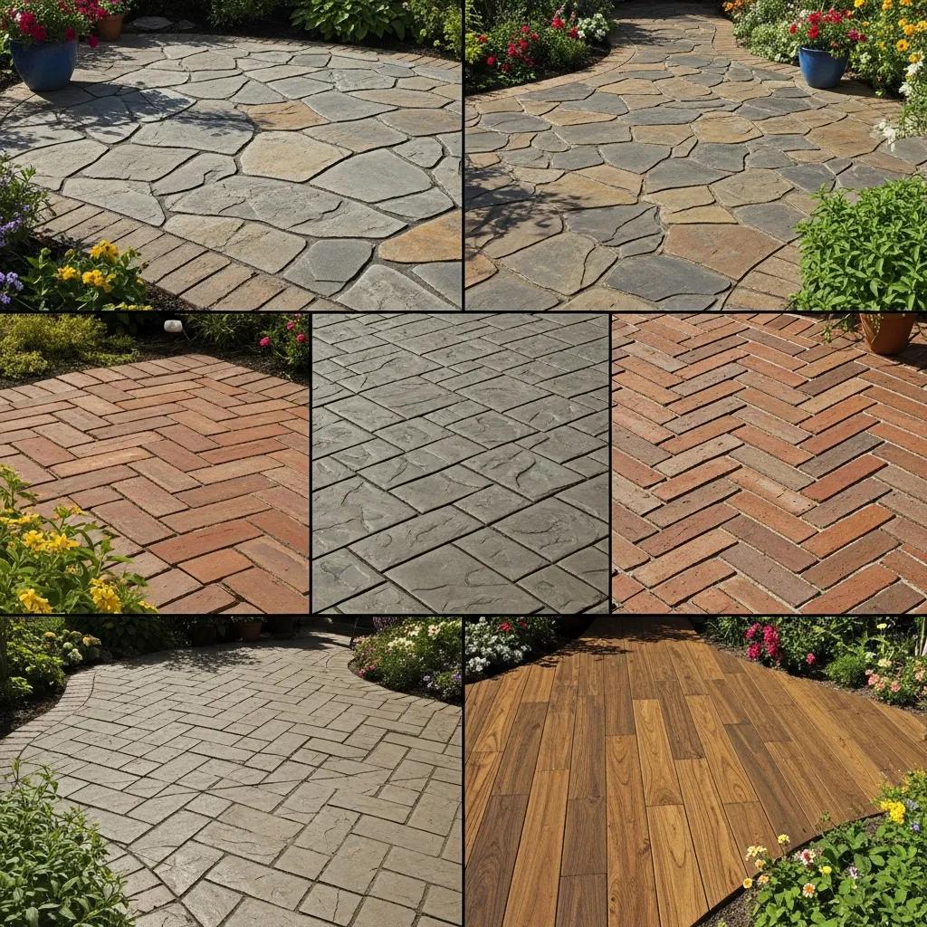 Variety of decorative concrete patio designs including stamped stone, brick patterns, and wood-look finishes