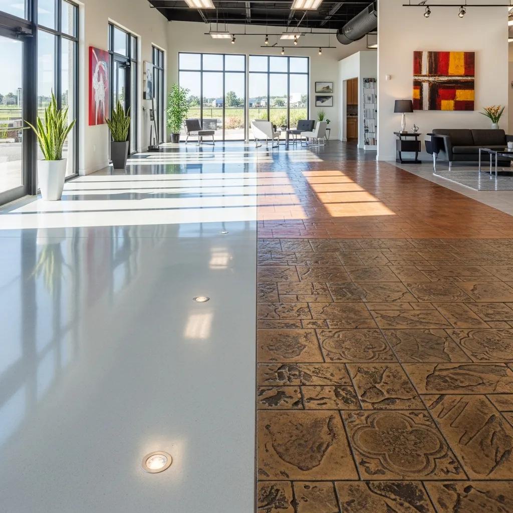 Commercial space showcasing various concrete flooring options, including polished concrete and stamped concrete, highlighting aesthetic and functional benefits in a well-lit business environment.