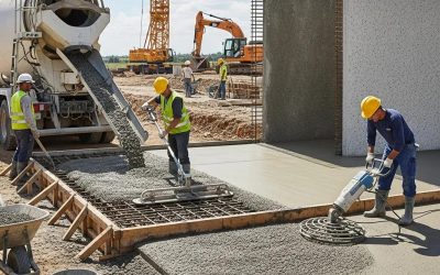 Construction workers pouring and leveling concrete at a construction site, showcasing various types of concrete work and craftsmanship relevant to driveways and patios.
