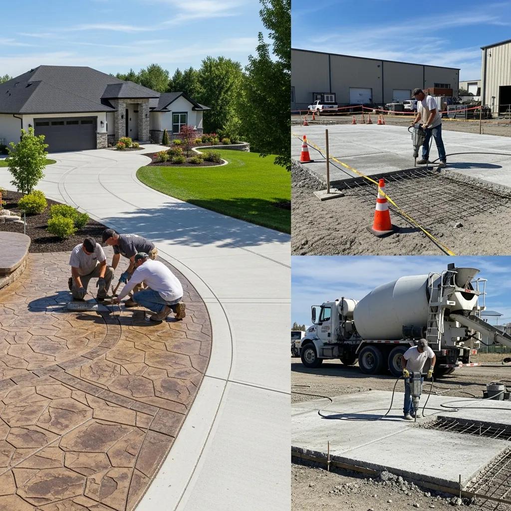 Various concrete services including driveway installation, decorative finishing, and construction site preparation, with workers applying techniques on residential and commercial projects.