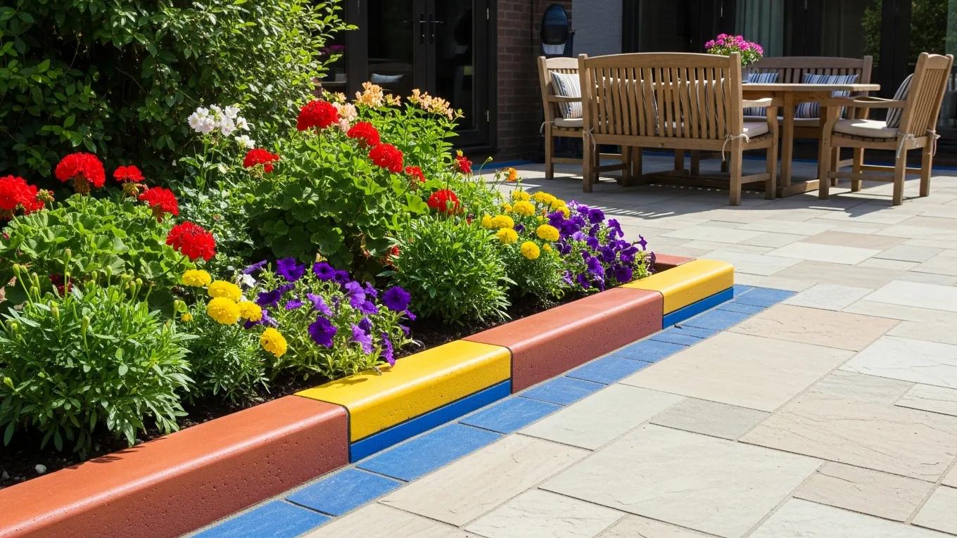 Vibrant concrete border design featuring contrasting colors—red, yellow, and blue—enhancing a flower bed with colorful blooms, surrounded by a patio setting with wooden furniture.