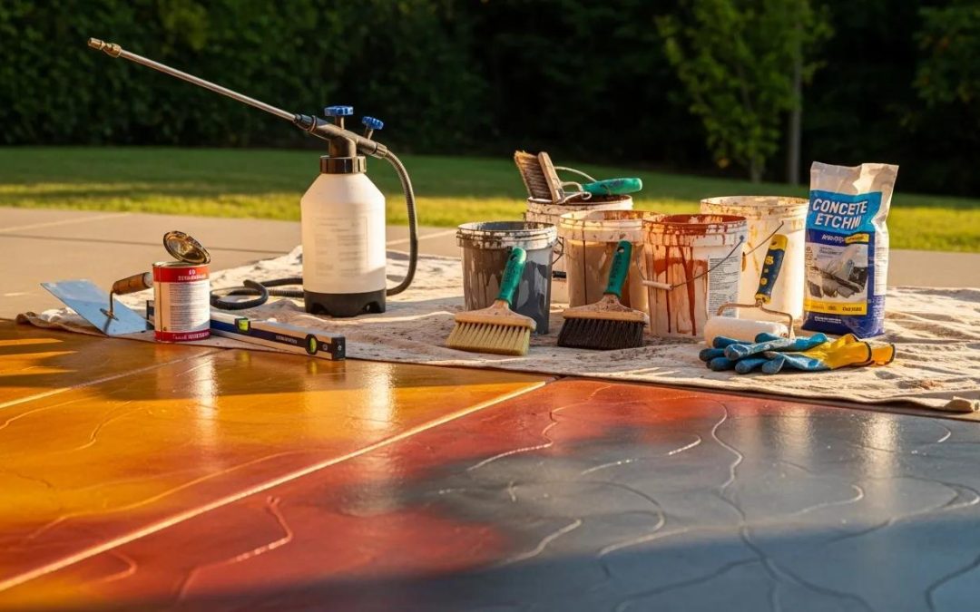 Vibrant stained concrete surface with tools, showcasing the beauty of concrete staining