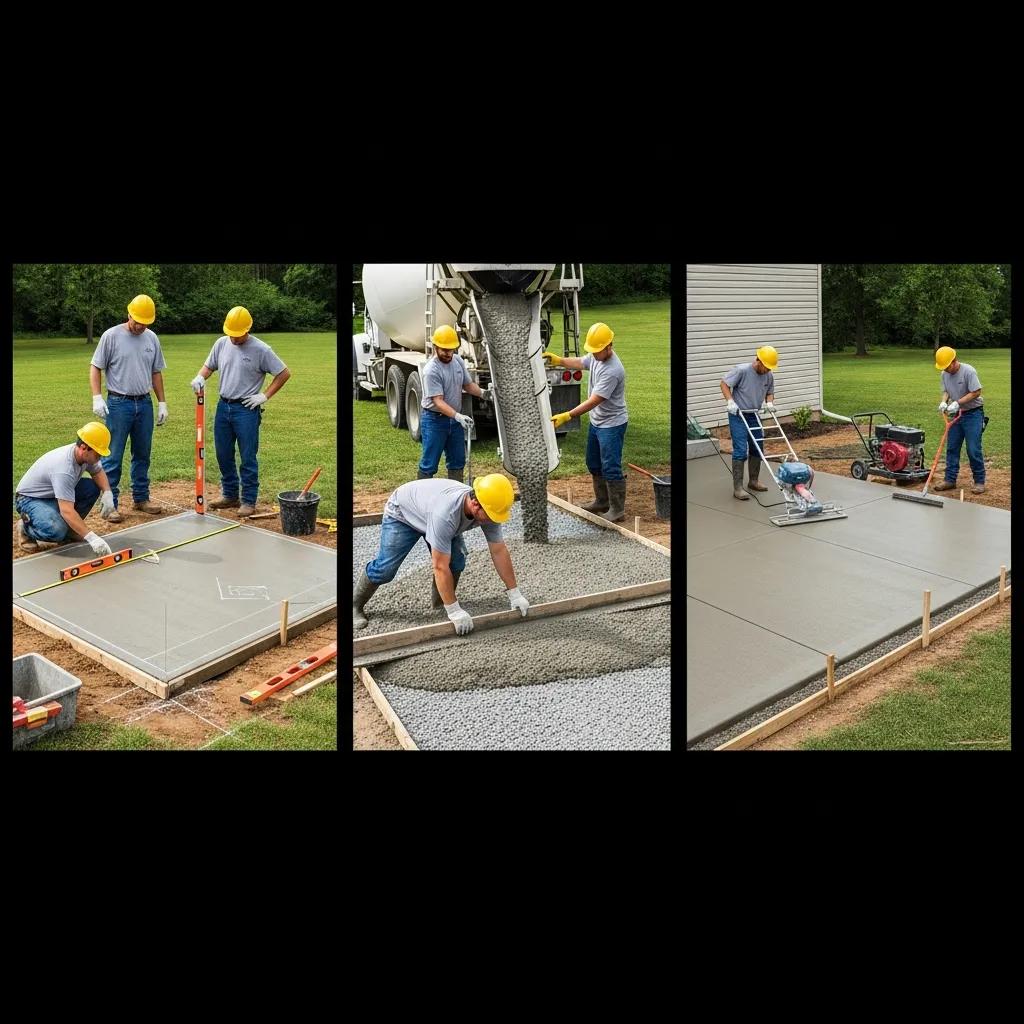 Visual guide illustrating the concrete patio installation process with key steps