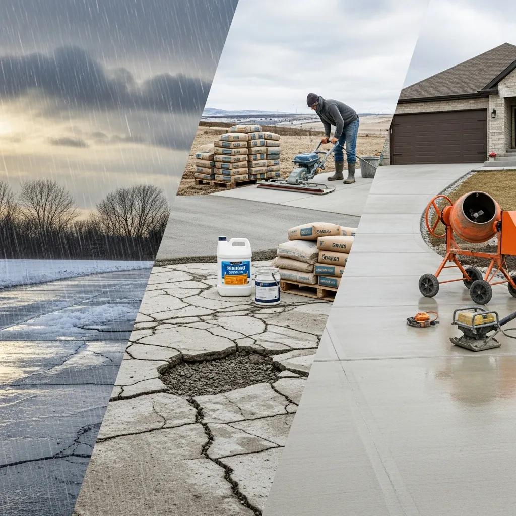 Visual representation of factors affecting concrete driveway durability, including weather conditions like rain and snow, materials such as cement bags and sealants, and installation practices with a worker finishing a concrete surface.