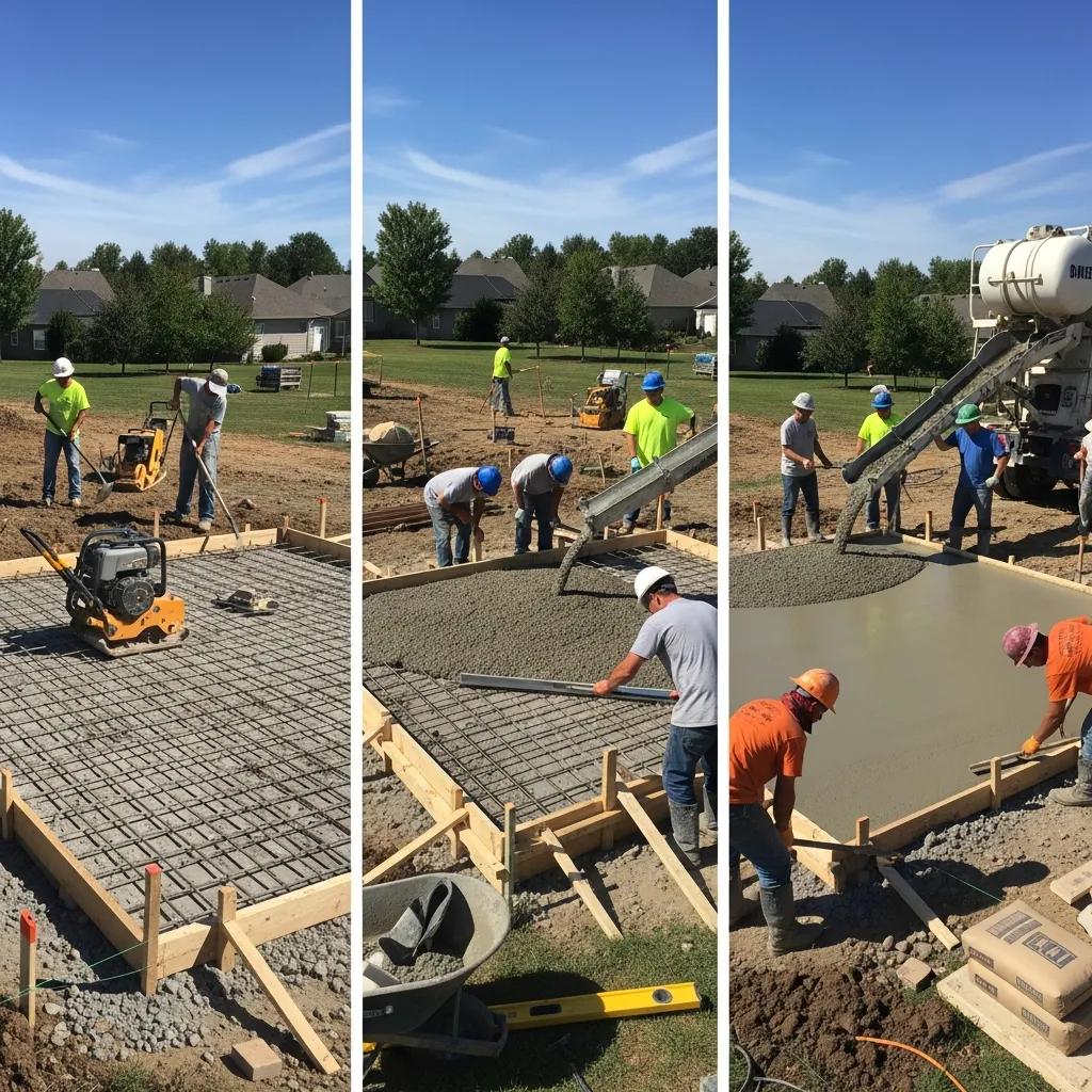 Concrete patio installation process with workers pouring and finishing concrete, showcasing site preparation, reinforcement with rebar, and equipment in a residential setting.