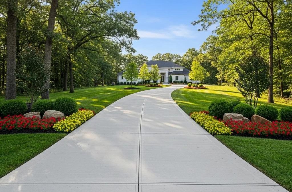 Well-maintained concrete driveway leading to a house, surrounded by lush landscaping, colorful flower beds, and a clear blue sky, illustrating quality concrete work by Morici Bros Concrete LLC.