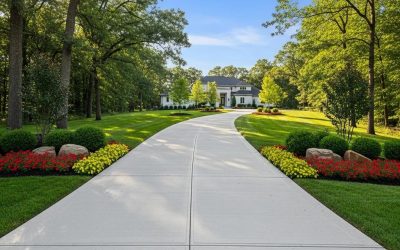 Well-maintained concrete driveway leading to a modern home, surrounded by lush landscaping and vibrant flower beds, under a clear blue sky.