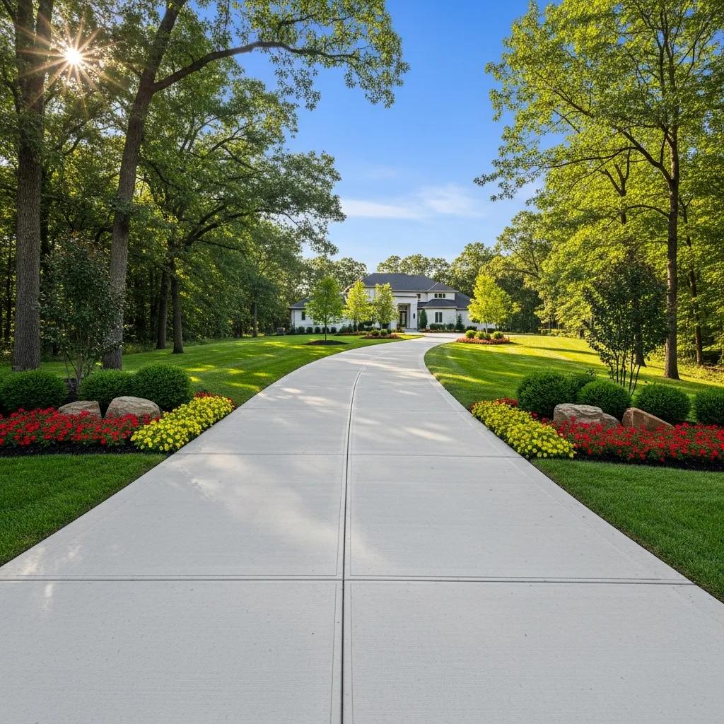 Well-maintained concrete driveway leading to a modern home, surrounded by lush landscaping and vibrant flower beds, under a clear blue sky.