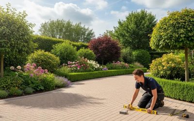 Person inspecting a well-maintained concrete driveway with a level tool, surrounded by lush greenery and landscaped gardens, reflecting quality concrete work relevant to driveway repair and restoration.