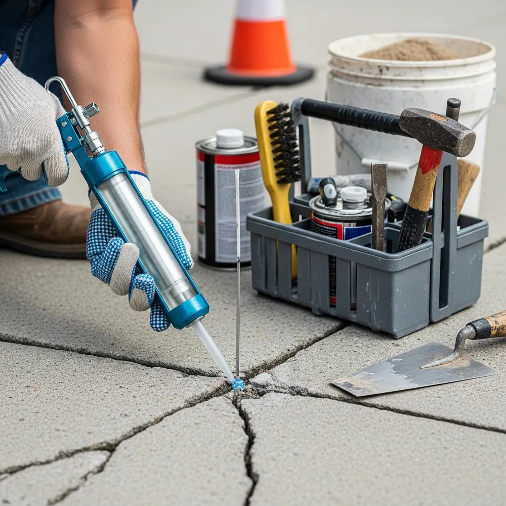 Worker applying epoxy injections for concrete crack repair, surrounded by tools like a trowel, hammer, and repair materials, highlighting effective sidewalk maintenance techniques.