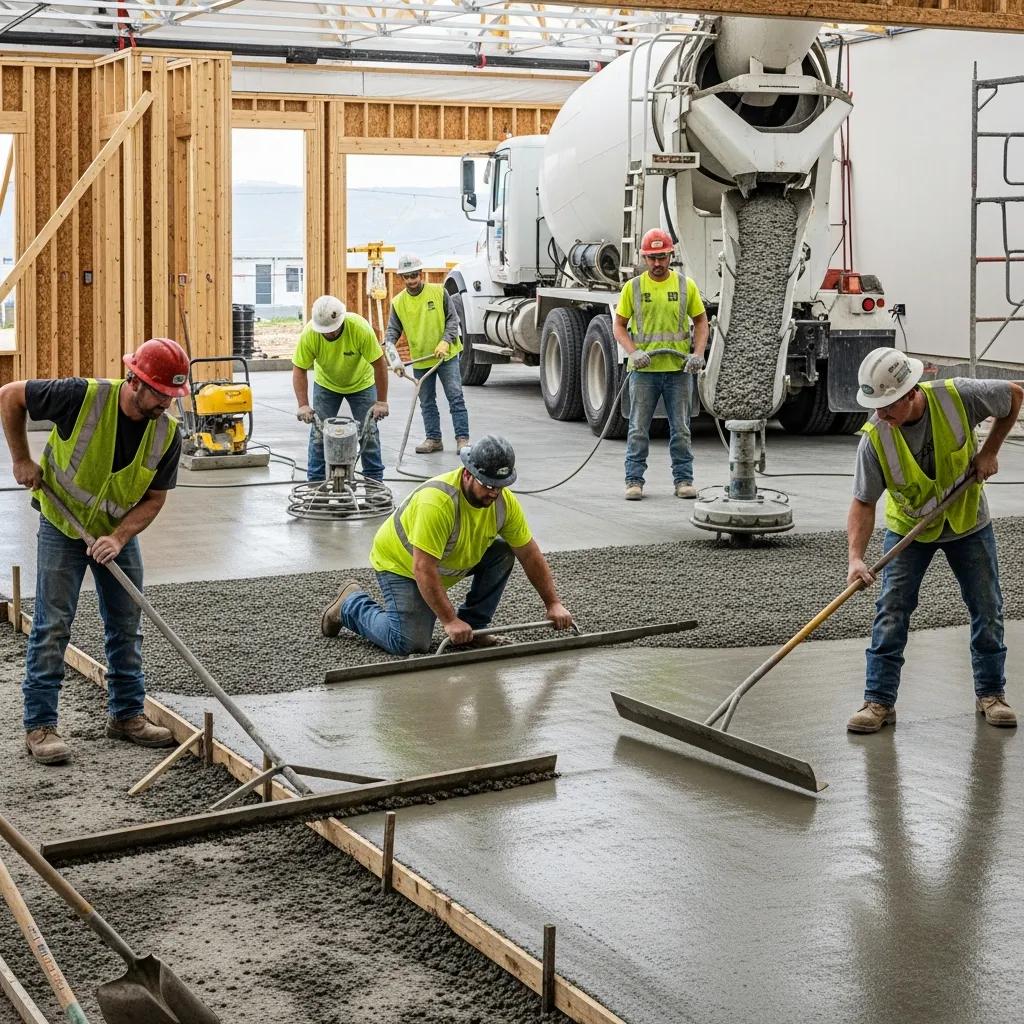Workers installing a concrete garage floor, showcasing expert craftsmanship and techniques for durable installations in Oak Creek.