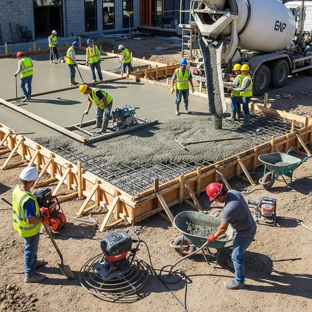 Workers installing a concrete slab for a garage floor, demonstrating the installation process and techniques in Greenfield.