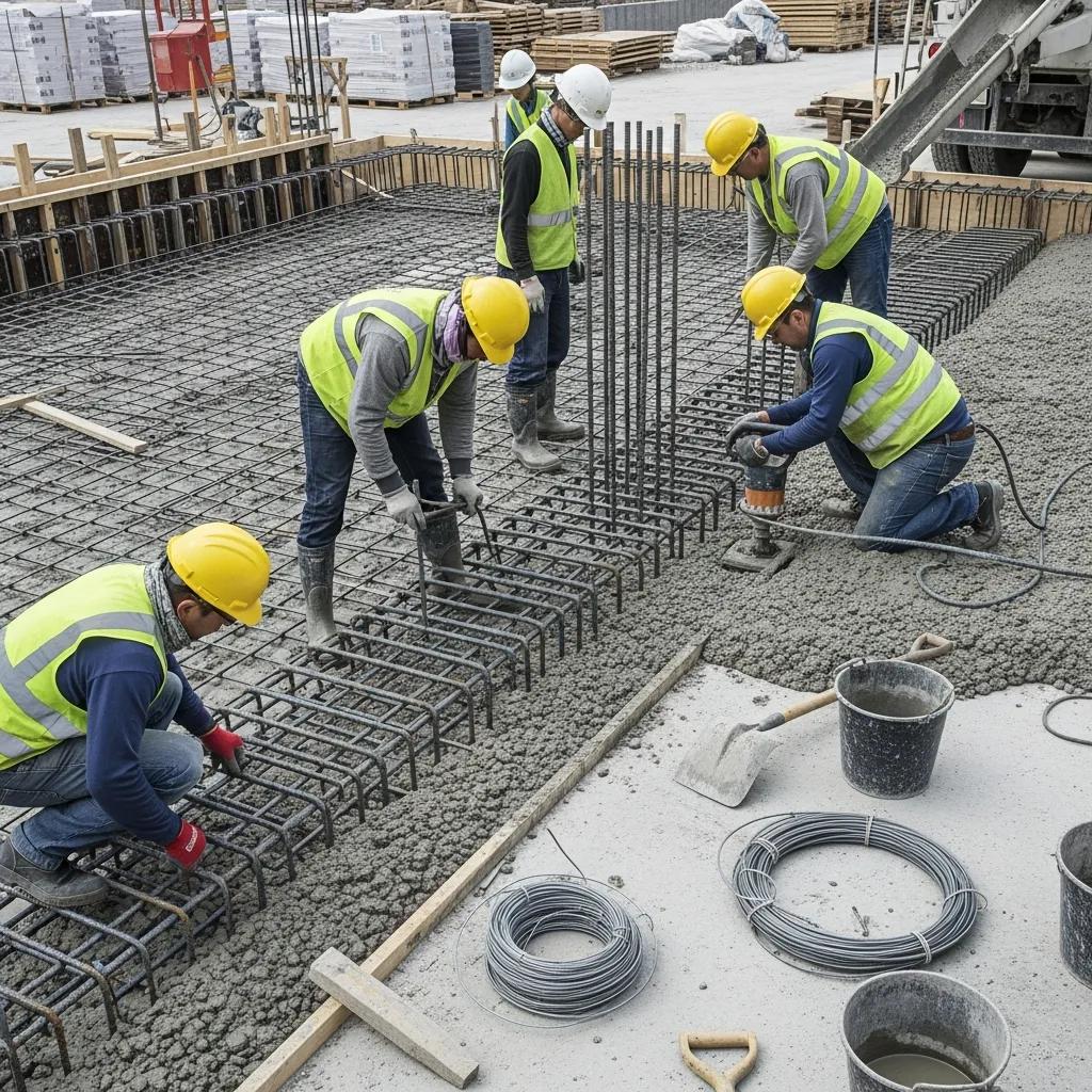 Workers installing reinforced concrete with steel bars, enhancing loading dock durability, in a construction site setting.